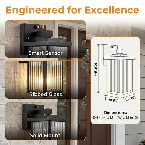 Set And Forget Dusk To Dawn Wall Mount Porch Light With Auto Photocell Sensor, ribbed glass design, smart sensor, matte black finish.