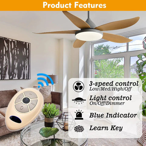 Room with a ceiling fan, Ceiling Fan Remote Control Replacement With Three Speed Settings And Light Dimmer Learn Key 3039MHz shown.