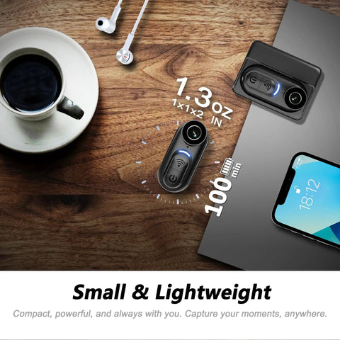 4K Mini Body Camera With 6 Axis Stabilization 128GB Built In Memory Waterproof Wearable Action Cam shown on table