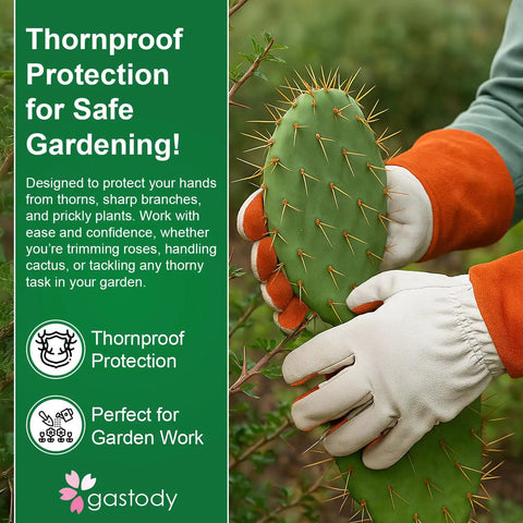 Long Sleeve Leather Gardening Gloves For Women And Men, Thornproof Puncture Resistant Cowhide Work Gloves in use.