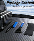 Two In One Snow Brush And Ice Scraper For Cars, 27 Inch Detachable Handle With Ergonomic Foam Grip, No Scratch PVC Brush, Heavy Duty ABS Build, Fits Cars Trucks And SUVs, Blue, shown with carrying case and suitcase in vehicle trunk.