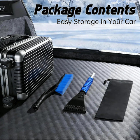 Two In One Snow Brush And Ice Scraper For Cars, 27 Inch Detachable Handle With Ergonomic Foam Grip, No Scratch PVC Brush, Heavy Duty ABS Build, Fits Cars Trucks And SUVs, Blue, shown with carrying case and suitcase in vehicle trunk.