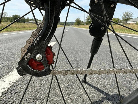Close-up of All In One Bike Chain Tool Kit For Six Seven Eight Speed Chains with 126 Link Replacement on bike in motion