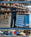 Heavy Duty Rolling Tool Chest With Seven Deep And Shallow Drawers Lockable Mobile Tool Cabinet On Swivel Wheels For Garage Organization, blue tool chest with categorized tool storage.