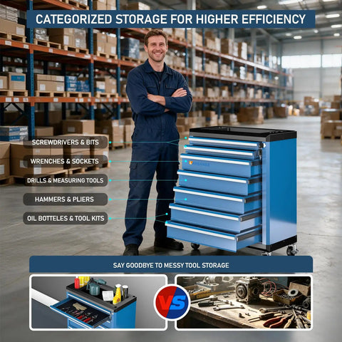 Heavy Duty Rolling Tool Chest With Seven Deep And Shallow Drawers Lockable Mobile Tool Cabinet On Swivel Wheels For Garage Organization, blue tool chest with categorized tool storage.