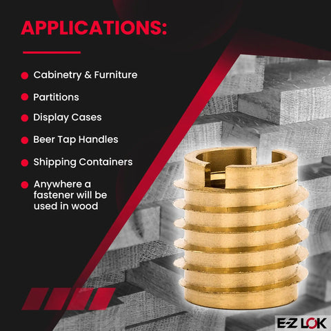 Knife Threaded Wood Inserts For Hard Wood With Brass Threads Three Eighths By Sixteen Internal Threads Zero Point Six Two Five Inch Length Pack Of Ten For Furniture Cabinets Displays And Diy Woodworking Projects That Hold Tight And Prevent Stripping application guide on wood blocks background