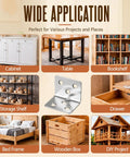 Different uses of the 200 Pack Stainless Steel L Shape Corner Brackets With Screws For Right Angle Support For Your Furniture Shelves Cabinets And DIY Home Repair Projects Heavy Duty Metal Joint Hardware shown with cabinet, table, bookshelf, storage shelf, drawer, bed frame, wooden box, DIY project.