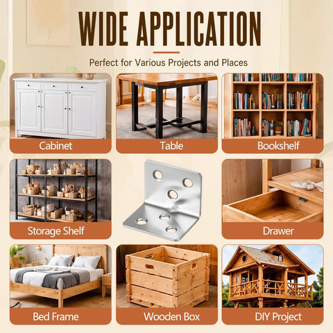 Different uses of the 200 Pack Stainless Steel L Shape Corner Brackets With Screws For Right Angle Support For Your Furniture Shelves Cabinets And DIY Home Repair Projects Heavy Duty Metal Joint Hardware shown with cabinet, table, bookshelf, storage shelf, drawer, bed frame, wooden box, DIY project.