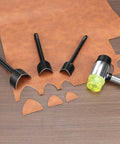 Leather Corner Punch Set With V Shaped Punches In 0.98 In, 1.18 In And 1.57 In for Belts and Wallets on wooden surface