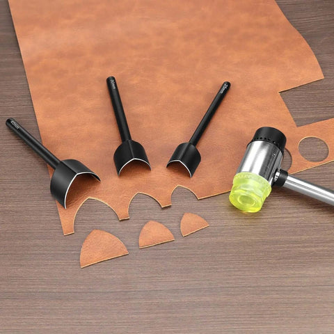 Leather Corner Punch Set With V Shaped Punches In 0.98 In, 1.18 In And 1.57 In for Belts and Wallets on wooden surface