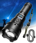 Beast Mode Bright Rechargeable Flashlight Two Point Five Million Lumens Waterproof Tactical LED Handheld, USB-C cable shown