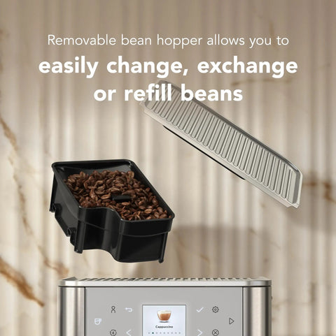 Fully Automatic Espresso Machine With Built In Grinder And Easy Access Bean Hopper, 15 One Touch Recipes For Bold Shots, Creamy Lattes, And Smooth Americano, Porcelain White Coffee Maker with removable bean hopper.