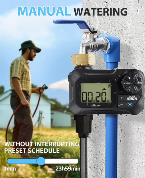 Programmable Garden Hose Water Timer With Rain Delay attached to outdoor faucet in manual mode with digital display visible.