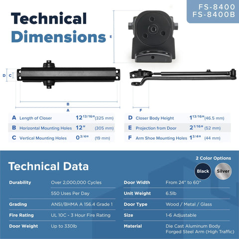 Diagram showing measurements and technical data for Heavy Duty Black Automatic Door Closer For Commercial Use Grade 1 Hydraulic Spring Hinge UL Listed FS 8400 ADA Adjustable No Slam Self Closing Works On Wood Metal Glass Doors Left Or Right Hand Install Built For Endurance.