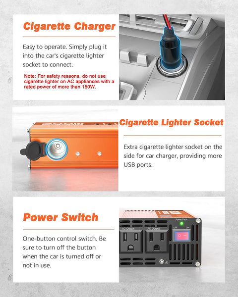 Straight Up Reliable 300W Car Power Inverter DC 12V To 110V AC Converter showing cigarette charger and power switch details.