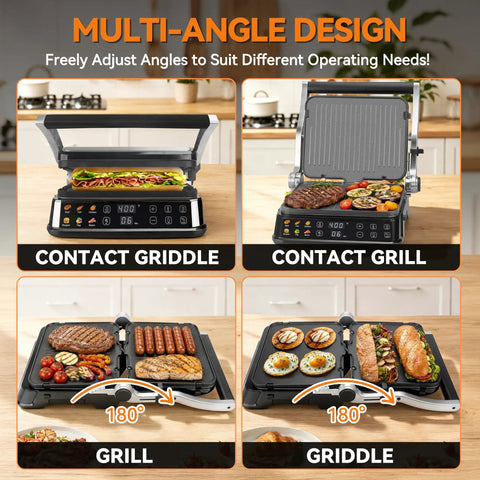 Bakers Friend 6-in-1 Indoor Grill And Electric Griddle Combo With Panini Press and removable plates in multi-angle design.
