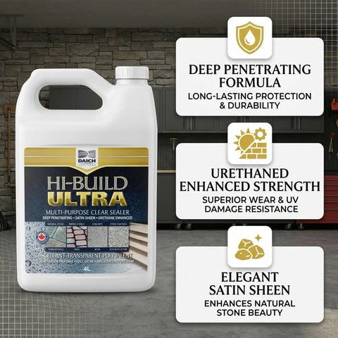 Straight Up Pro Grade Sealant For Concrete And Natural Stone With Slick Satin Sheen Deep Penetrating Urethane Formula Weather Resistant Finish 4 Liter Bucket on a garage shelf.