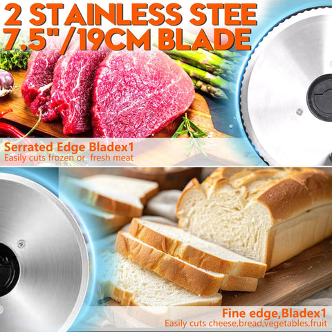 Heavy Duty 200W Electric Meat Slicer With Twin 7.5 Inch Stainless Steel Blades Adjustable Thickness Control for deli meat and bread.