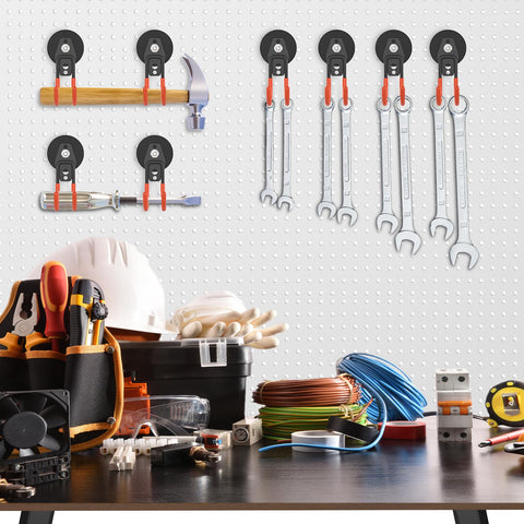 Heavy Duty Magnetic Garage Hooks 4 Pack With Grip Firm Neodymium Magnets mounted on pegboard holding wrenches and tools.