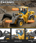 Yellow metal 9-channel remote control loader dumping sand, part of 4 In 1 Remote Control Construction Vehicle Set with alloy parts