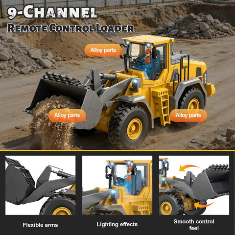 Yellow metal 9-channel remote control loader dumping sand, part of 4 In 1 Remote Control Construction Vehicle Set with alloy parts