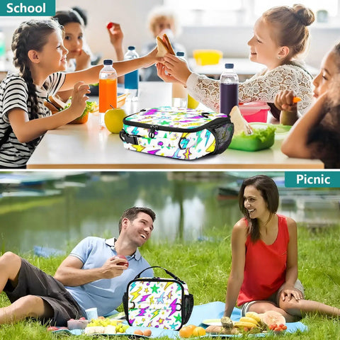 Colorful Lightning Bolt Insulated Lunch Bag With Shoulder Straps For Office School And Travel Your Go To Cooler That Keeps Meals Fresh In A Spacious Main Compartment With Two Side Mesh Pockets Durable Polyester Tote For Kids Women And Men. school picnic insulated polyester lunch bag with side mesh pockets