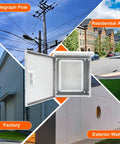 Tough As Nails Weatherproof Electrical Junction Box With Dual Slope Rain Guard Smart Ventilation Slots Sturdy Mounting Base And Secure Heavy Duty Lock For No Sweat Outdoor Electrical Upgrades shown with telegraph pole, factory, residential areas, and exterior wall.