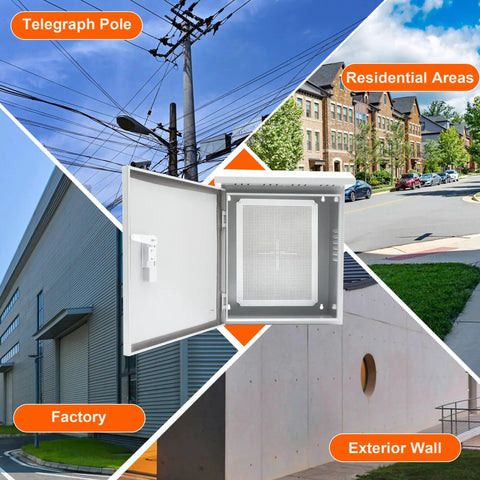 Tough As Nails Weatherproof Electrical Junction Box With Dual Slope Rain Guard Smart Ventilation Slots Sturdy Mounting Base And Secure Heavy Duty Lock For No Sweat Outdoor Electrical Upgrades shown with telegraph pole, factory, residential areas, and exterior wall.