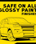 Illustration of a car with text 'Safe on all glossy paint finishes' for One Step Cleaner Wax Liquid Car Wax That Cleans Polishes And Protects Exterior Paint And Clear Coat On Cars Trucks And SUVs With A High Gloss Shine Safe On All Glossy Finishes Ideal For DIY Gearheads And Detailers 16 Oz Bottle