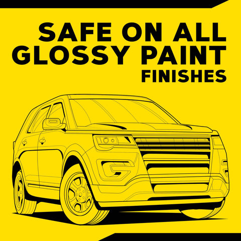 Illustration of a car with text 'Safe on all glossy paint finishes' for One Step Cleaner Wax Liquid Car Wax That Cleans Polishes And Protects Exterior Paint And Clear Coat On Cars Trucks And SUVs With A High Gloss Shine Safe On All Glossy Finishes Ideal For DIY Gearheads And Detailers 16 Oz Bottle