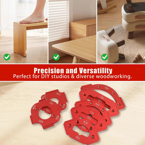 Hella Slick Router Corner Radius Jig Template Kit Solid Aluminum Alloy Guide fits R10 through R60 with red radius templates.