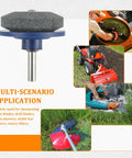 Drill Powered Lawn Mower Blade Sharpener Kit Pack Of 3 showing sharpening process with lawn mowers and rotary tillers.