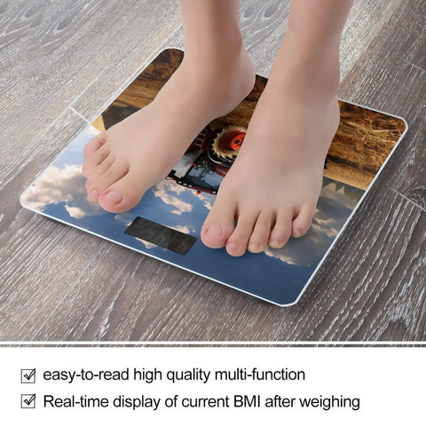 Person stepping on a Farm Tractor Inspired Digital Weight Scale With Tempered Glass Platform High Precision Readout Slim Compact Bathroom Scale For Bedroom Kitchen And More Personal Weighing Machine, showcasing tractor image on glass surface.