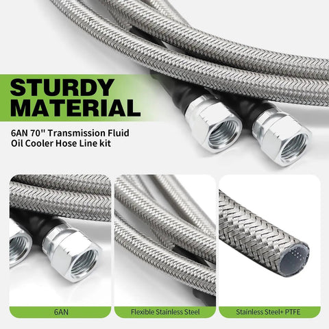 70 Inch Transmission Cooler Lines Kit With 6AN Hose Fittings, durable stainless braided material