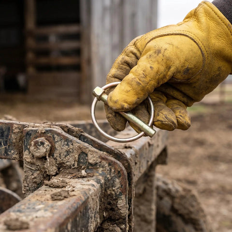 Get Your Yard Gear Fixin' With These 12 Heavy Duty Carbon Steel Retaining Pins featuring a worker's hand holding a pin with ring lock.