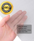 Hand holding Stainless Steel Woven Wire Mesh 20 Mesh Heavy Duty 1mm Holes, 11.8 X 8.2 Inches sheet with 100% satisfaction badge