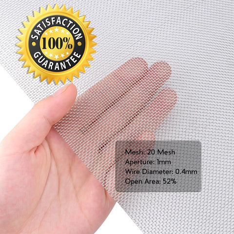 Hand holding Stainless Steel Woven Wire Mesh 20 Mesh Heavy Duty 1mm Holes, 11.8 X 8.2 Inches sheet with 100% satisfaction badge