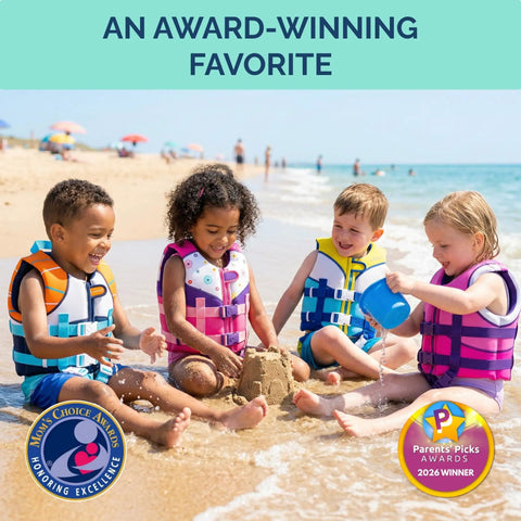 Kids wearing Kids Swim Vest With Integrated Foam Panel For Toddlers And Kids CE Certified Flotation Aid on beach