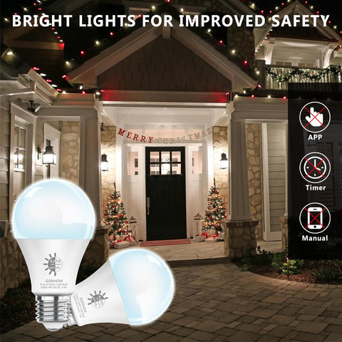 Dusk To Dawn Outdoor LED Light Bulbs 2 Pack 5000K Daylight 720 Lumens 9W 60W Equivalent with house in background