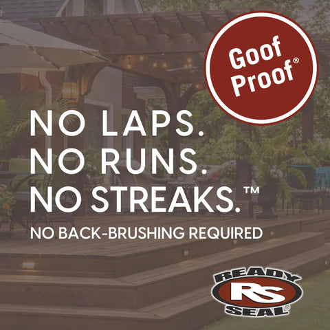 Exterior Wood Stain And Sealer In One For Decks Fences Pergolas And Wood Siding Semi Transparent Oil Based Formula Pro Grade No Laps Runs Or Streaks Durable UV Protection Burnt Hickory 5 Gallon packaging with "Goof Proof" label and slogan "No Laps. No Runs. No Streaks."
