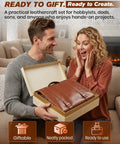 Couple unboxing a custom handbag from the Leather Working Tools Kit Max Version With Custom Handbag Cutting Mats Engraving Punching Sewing Stamping Sanding Tools For Handicraft Work And Repair Portable Leather Workshop