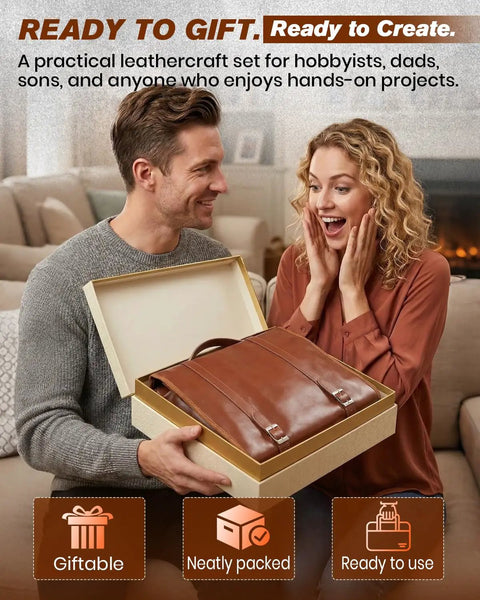 Couple unboxing a custom handbag from the Leather Working Tools Kit Max Version With Custom Handbag Cutting Mats Engraving Punching Sewing Stamping Sanding Tools For Handicraft Work And Repair Portable Leather Workshop