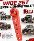 Five Pack Aluminum 25T Servo Horns 37mm With Four Hole Arms For Off Road RC Crawlers And Buggies Tight 25T Spline CNC Machined Durable Aluminum Beef Up Steering With Less Slop And Delay For Precise Control. Red 25T aluminum servo horn for RC car, truck, crawler