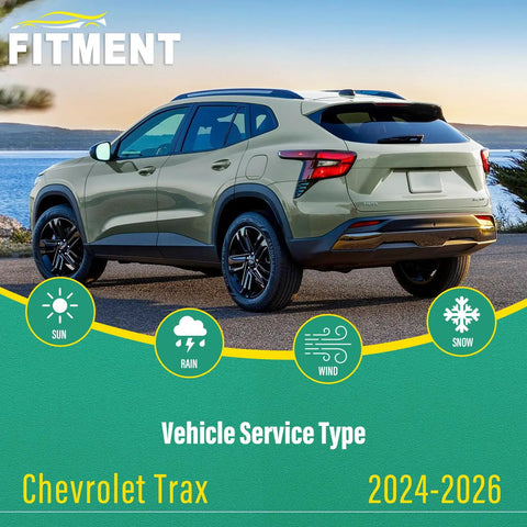 Premium Windshield Wiper Blades For Chevrolet Trax 2024 Through 2026 Features sleek SUV in an outdoor setting, showcasing rain, snow, and sun adaptability.