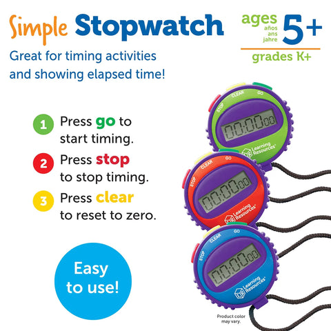 Three Button Kids Stopwatch For Classrooms And Home, Easy Elapsed Time Tracker For Timed Math Drills, Science Experiments, And Gym Activities, With Green Go, Red Stop, Yellow Clear Buttons, Ages Five And Up displayed in colorful design for ages 5+