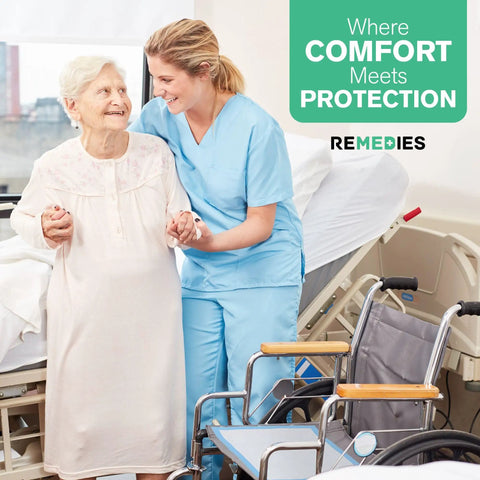 Caregiver assisting elderly woman in hospital setting, ensuring comfort and protection with adult bed pads and mobility aids.