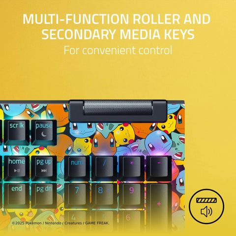 Next Level Gaming Setup Essential With Hella Tactile Green Mechanical Switches Featuring Officially Licensed Pokemon Graphics, close-up of media keys and colorful design.