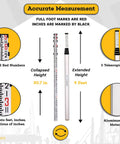 9 Foot Aluminum Telescoping Pro Grade Rod With Dual Sided 5 Section Leveling Rod 8th Foot Graduations Locking Clamps Bubble Level Carrying Case Included shown in extended and collapsed view with measurement details.