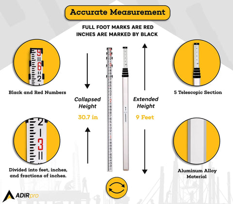 9 Foot Aluminum Telescoping Pro Grade Rod With Dual Sided 5 Section Leveling Rod 8th Foot Graduations Locking Clamps Bubble Level Carrying Case Included shown in extended and collapsed view with measurement details.