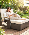 Woman reading on Rattan Outdoor Daybed With Storage Ottoman And Four In One Functionality Adjustable Backrest In Four